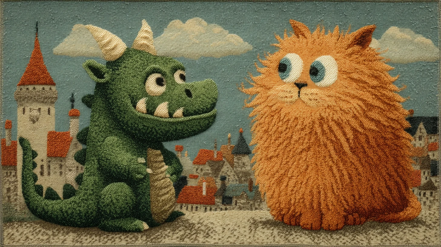 Winziger Drache faucht riesige orangefarbene Katze neben Burgturm an