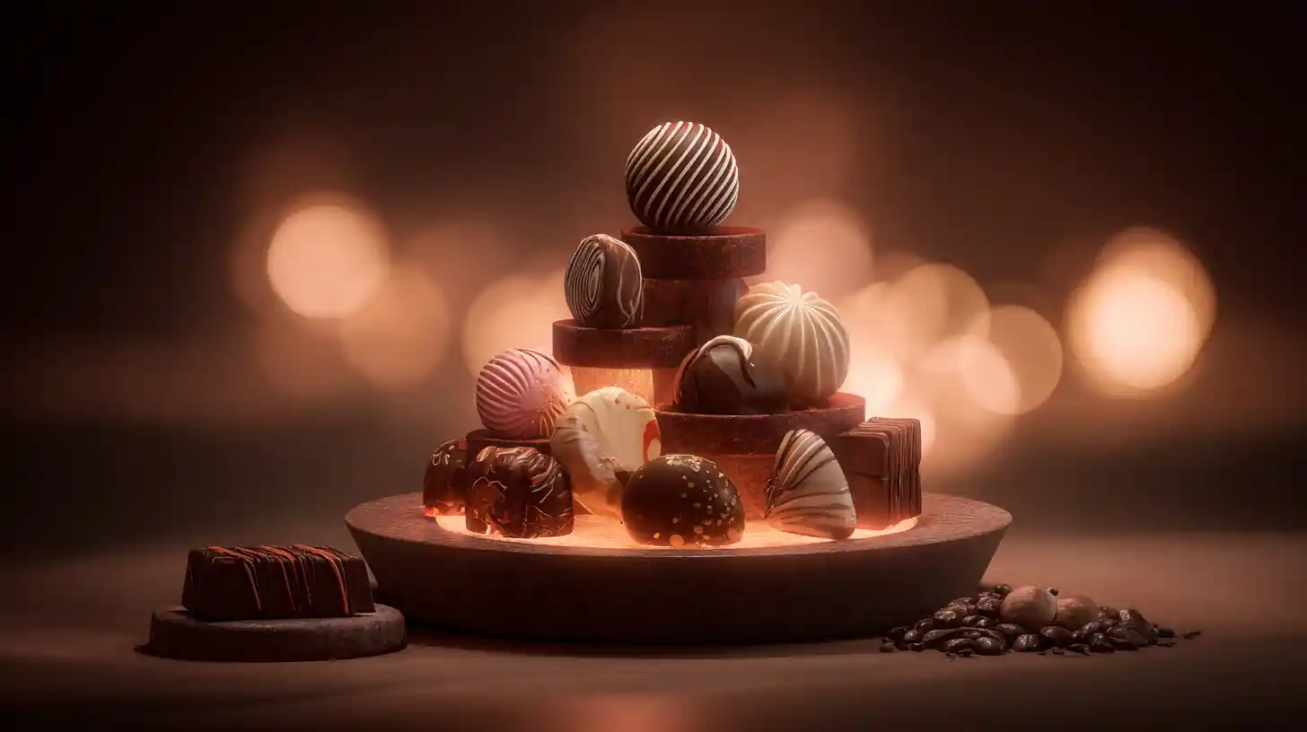 Assortimento di cioccolatini gourmet su alzata in luce calda e soffusa
