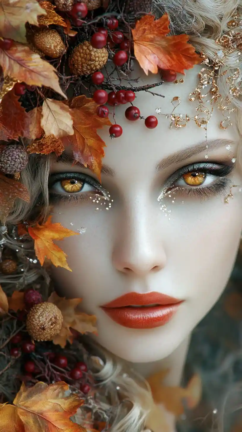 Surreal autumn woman portrait with botanical elements