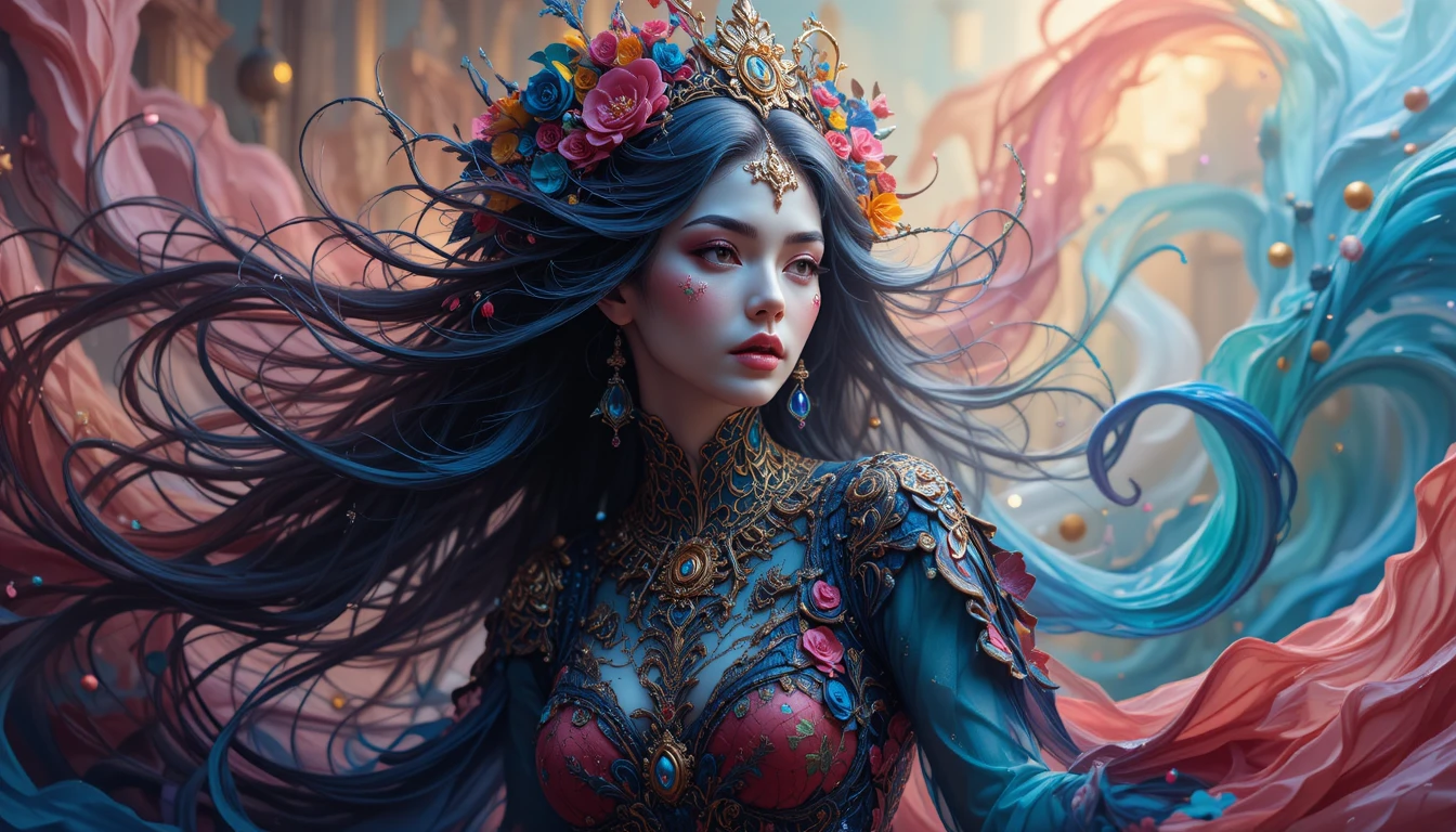 Andersweltliche Fantasy-Zauberin in leuchtenden fließenden Farben