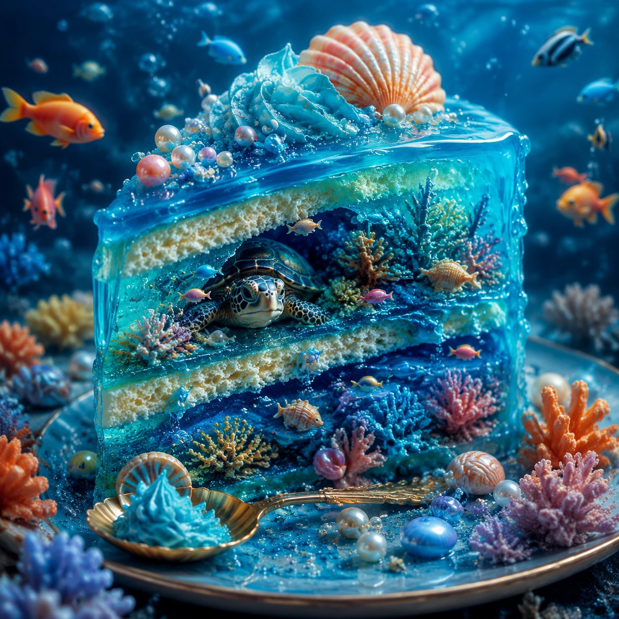 Bolo Subaquático Surreal com Tartaruga e Peixes Coloridos