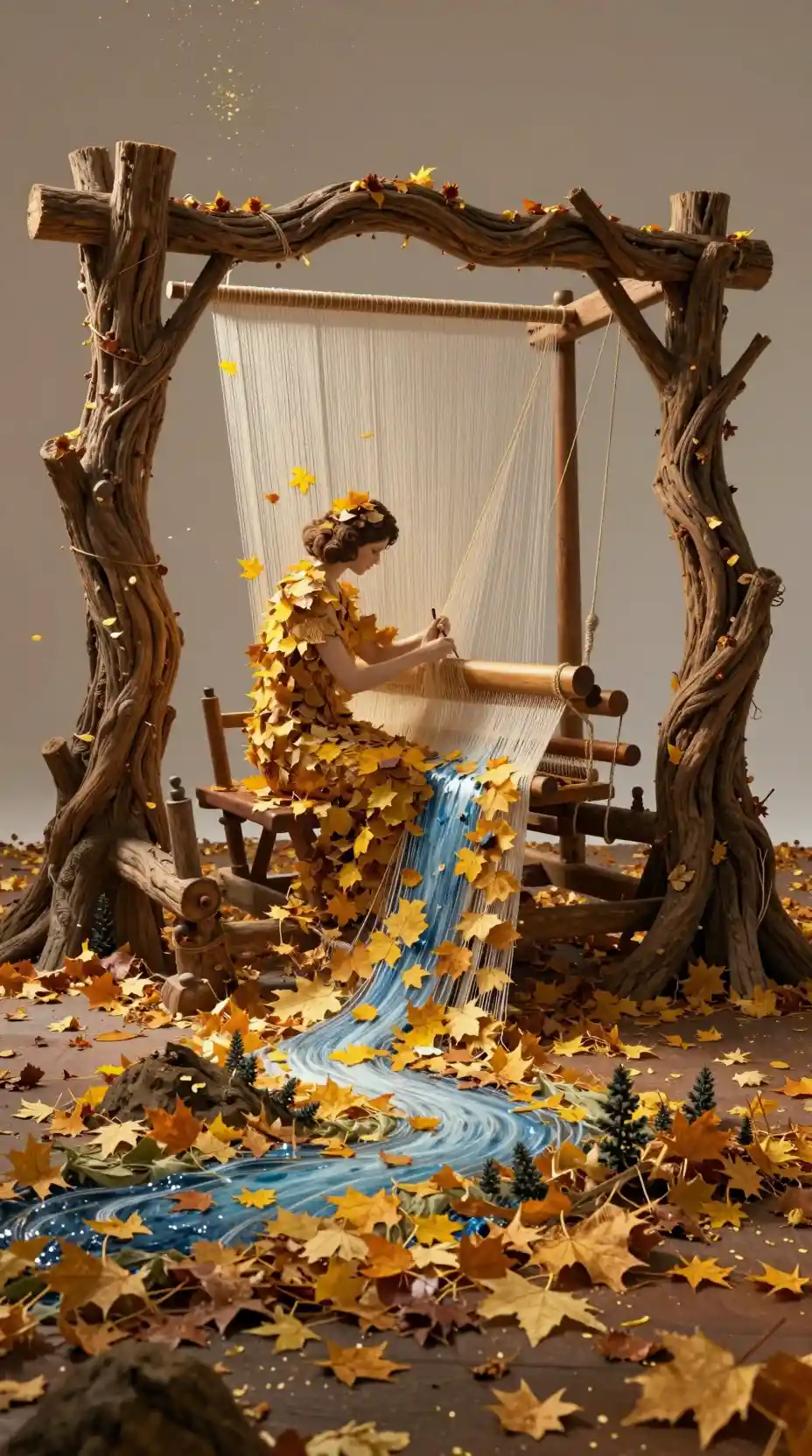 Surreal figure weaving a living tapestry of autumn elements