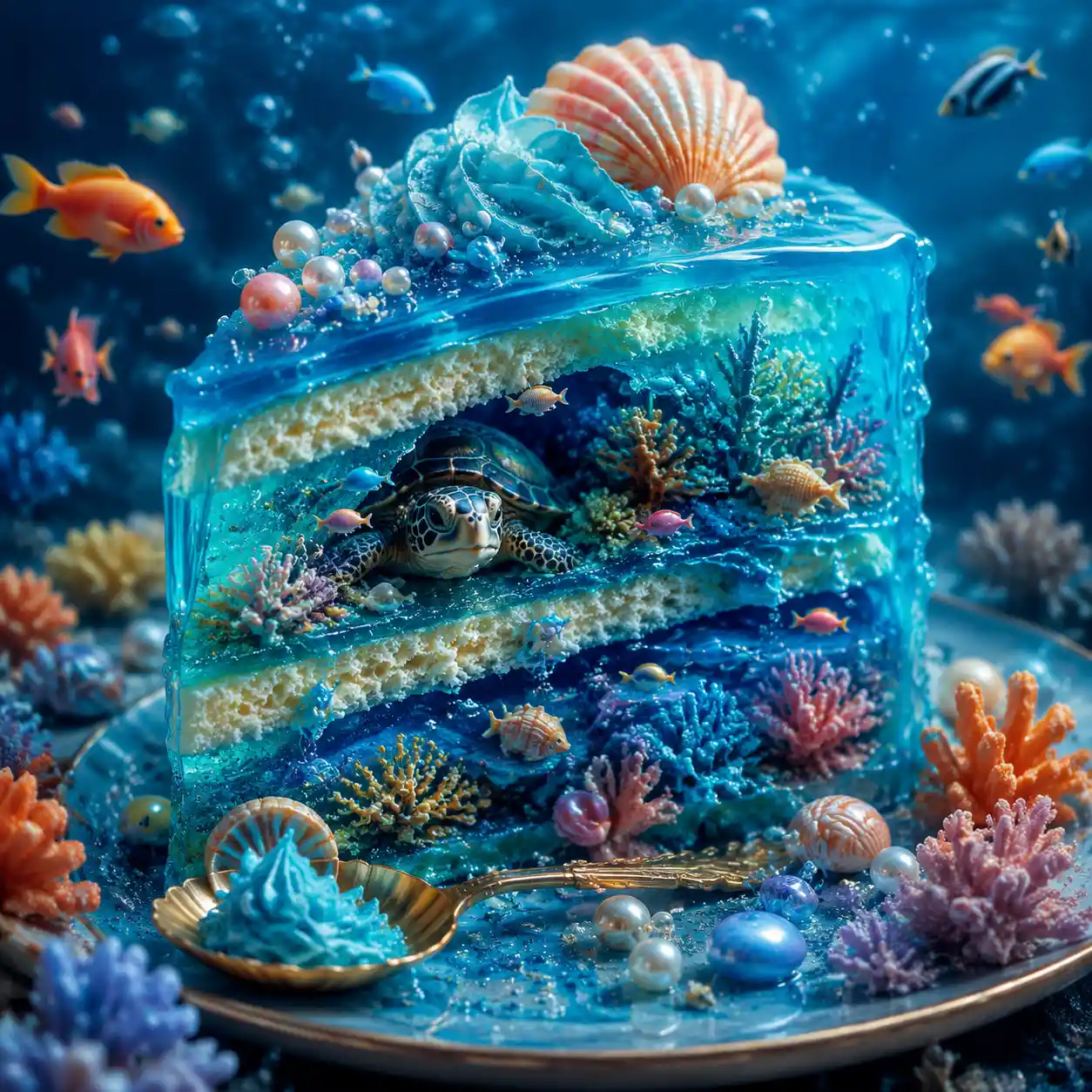 超現實海底蛋糕：海龜與繽紛熱帶魚