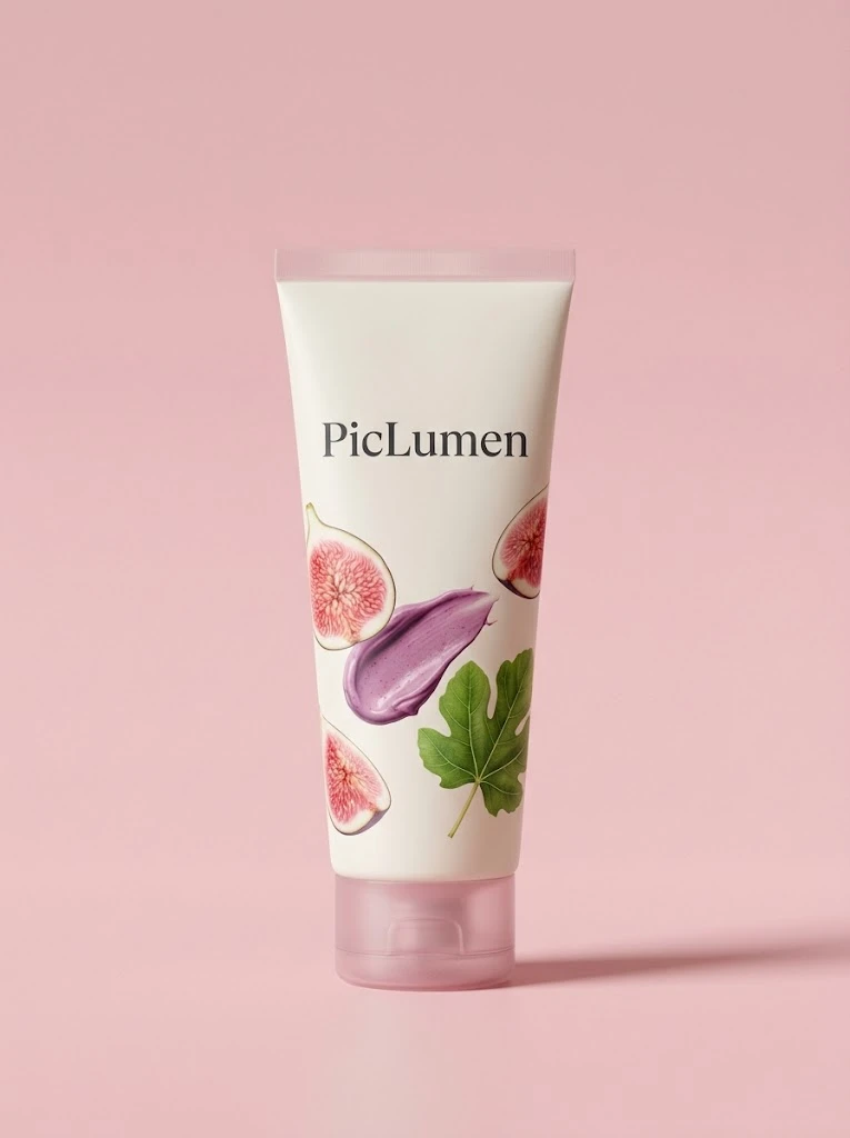 Tubetto skincare minimal con illustrazione di fico su sfondo rosa
