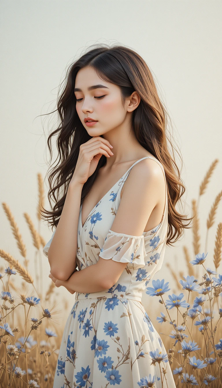 Double exposure portrait of a young woman in silk dress
