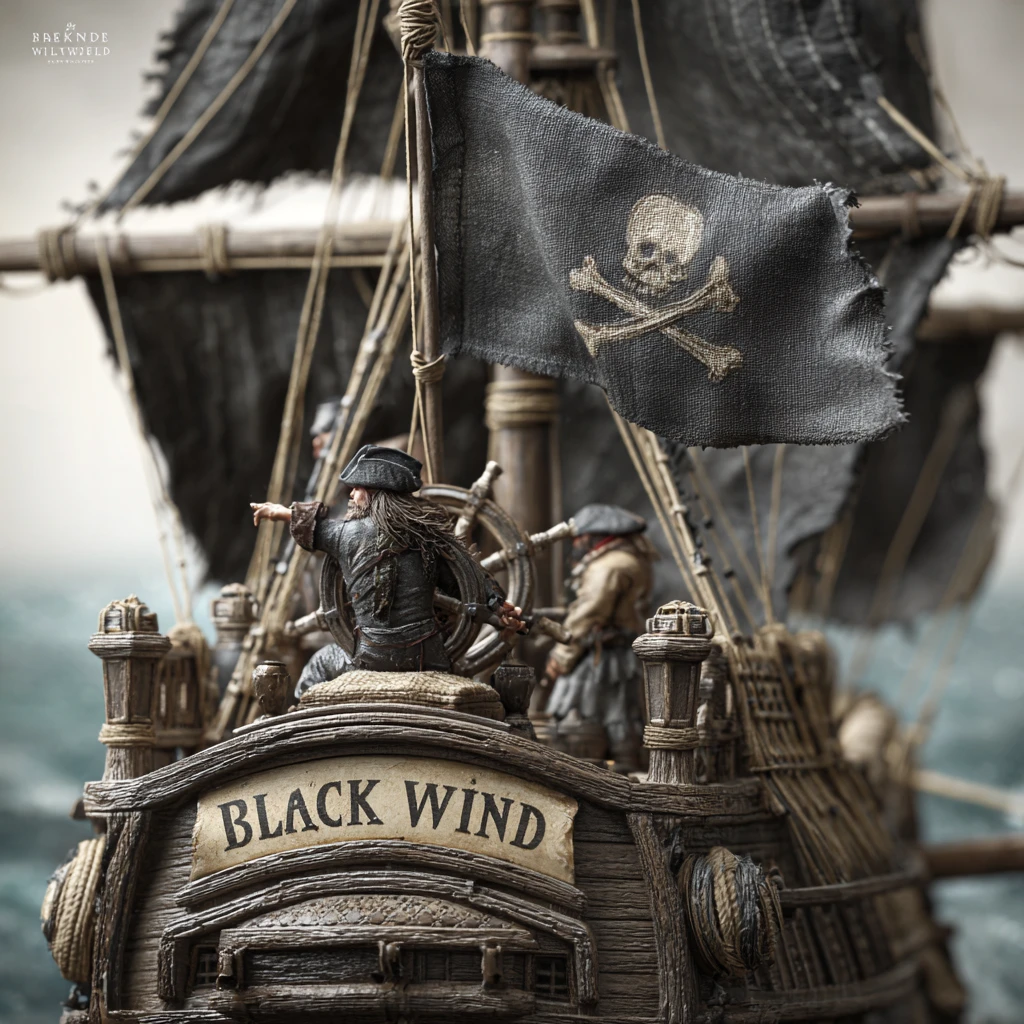 Navio pirata com velas negras e capitão ao leme