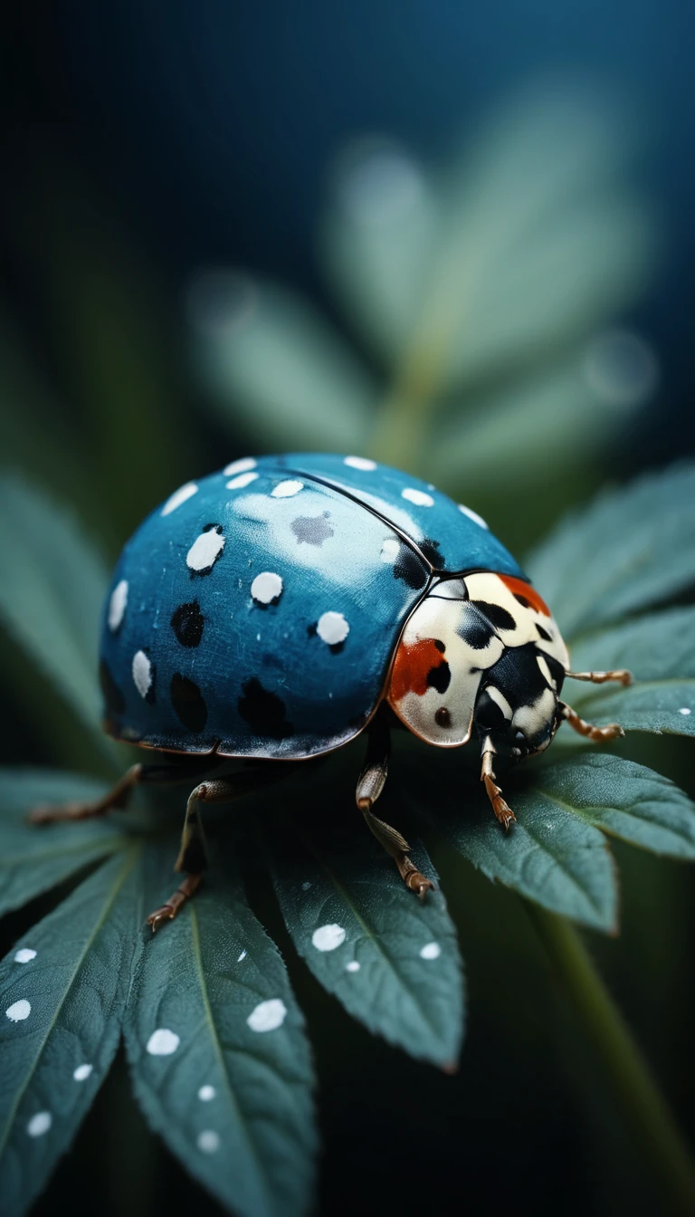 Collage fotorealistico di una coccinella blu con pois bianchi