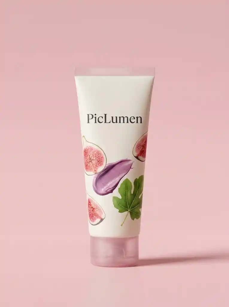 Minimal skincare tube with fig illustration on pink background