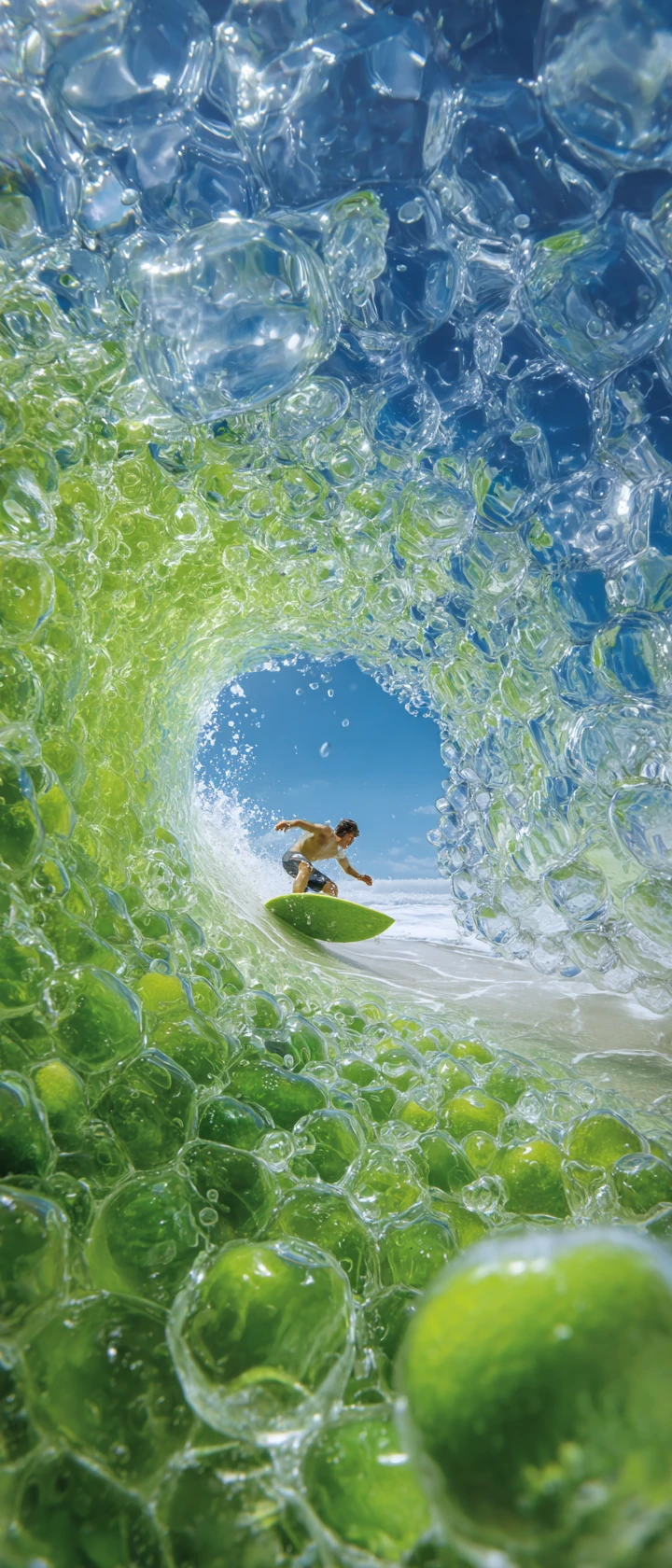 Mini surfista sobre una tabla de sandía dentro de una ola de lima
