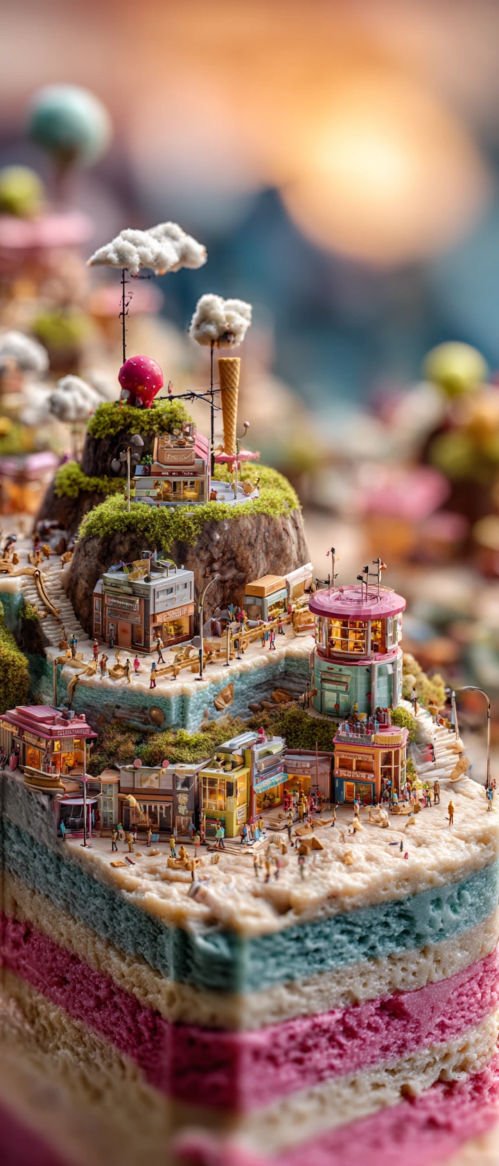 Città costiera in miniatura costruita su un blocco di gelato che si scioglie