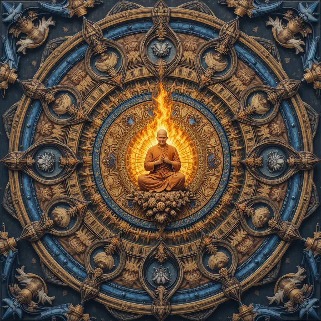 Monk Enveloped In Golden Flames At The Heart Of A Mandala