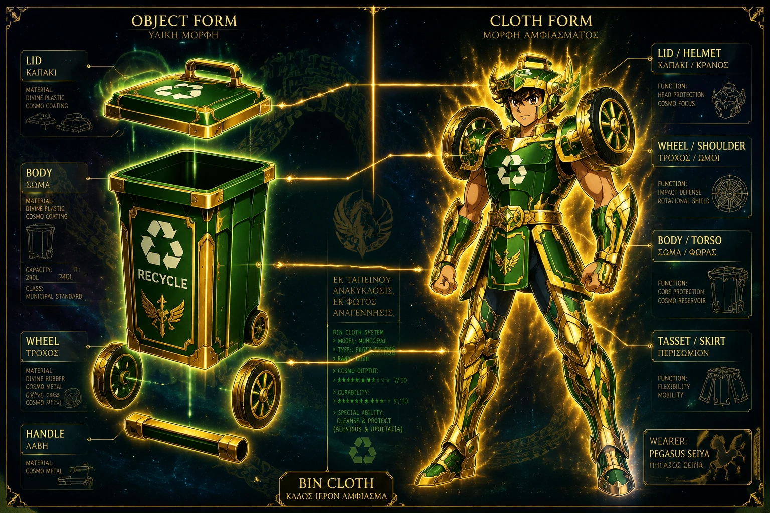 Guerriero con armatura bidone in stile Saint Seiya con layout schematico diviso