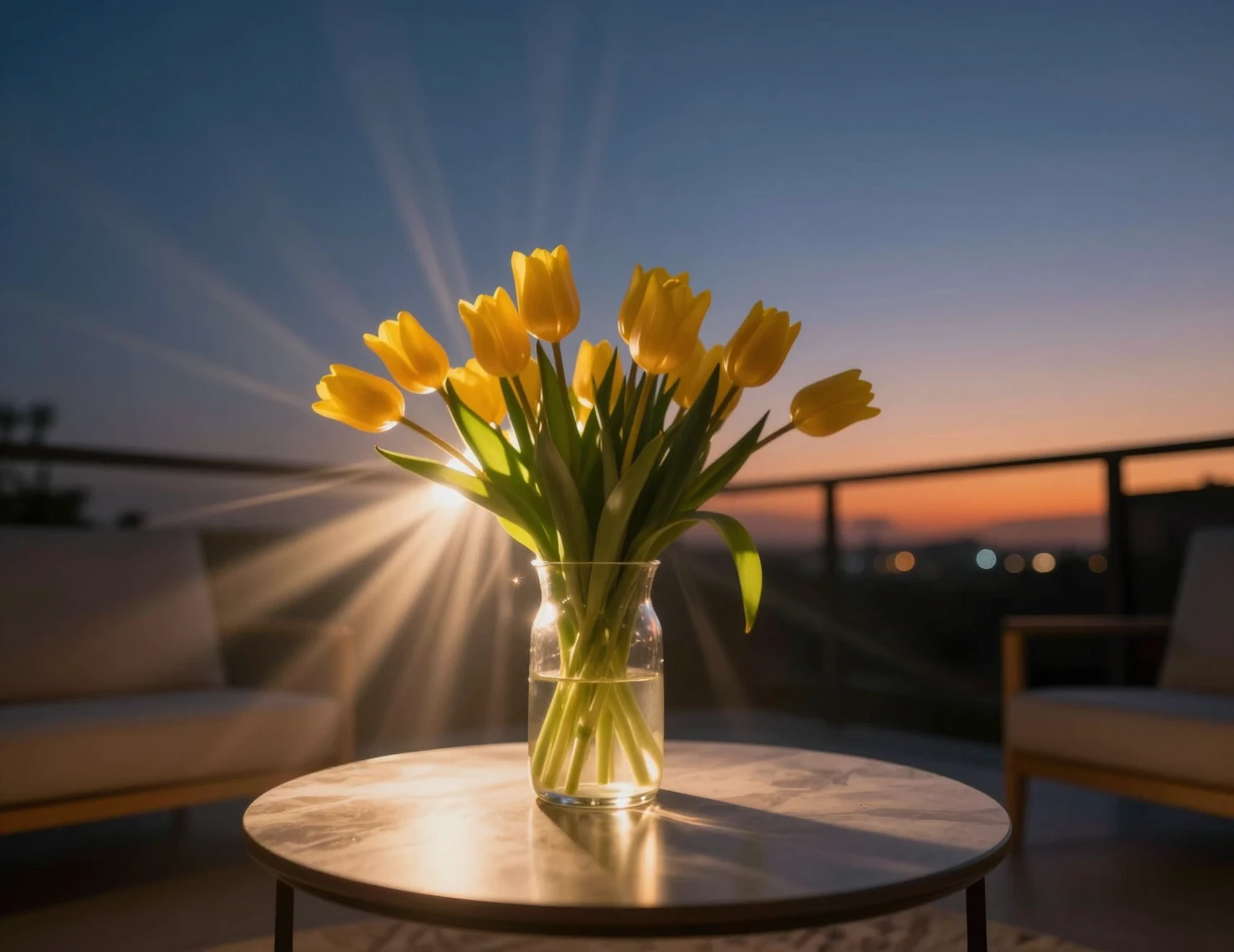 Gelbe Tulpen auf einem Tisch unter dramatischem Dämmerungshimmel