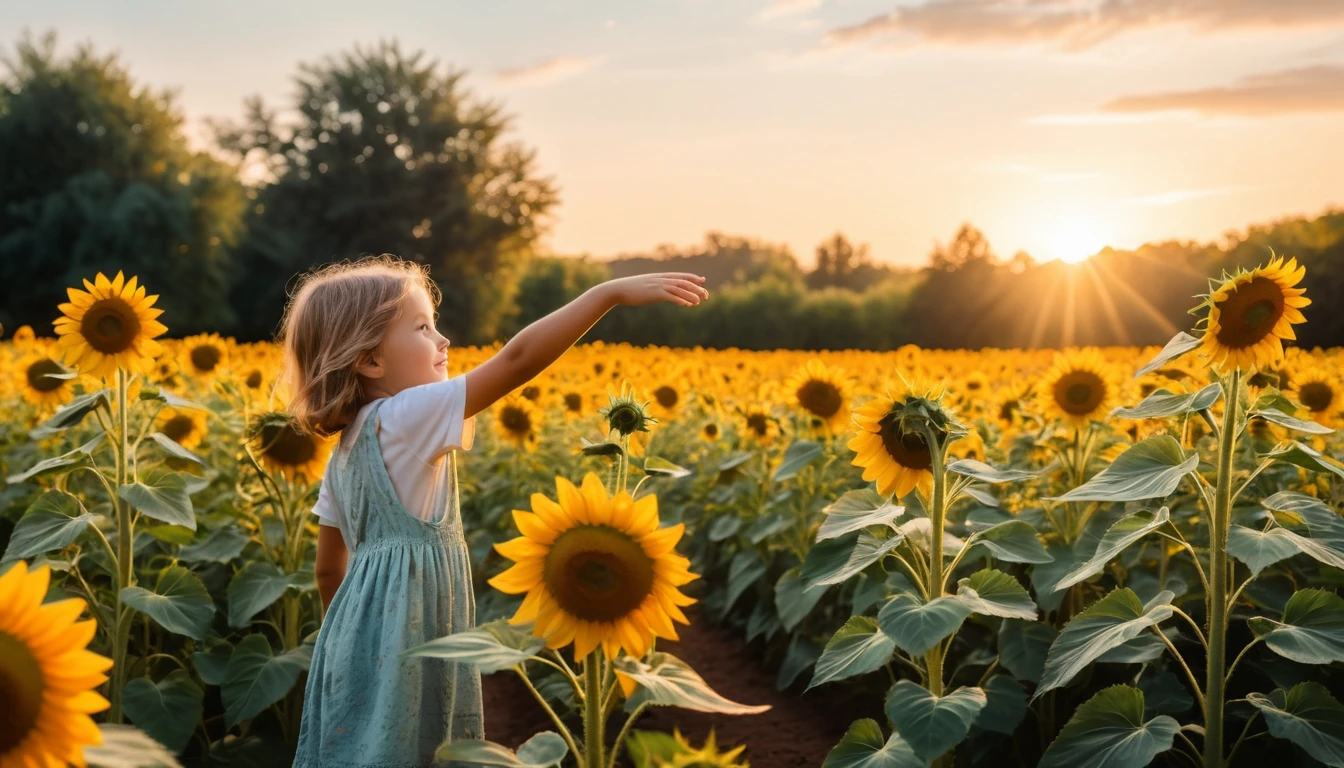 Bambino in un giardino di girasoli che tende la mano verso una mano invisibile