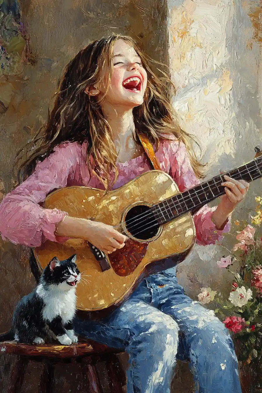 Smiling girl playing guitar beside a black and white cat