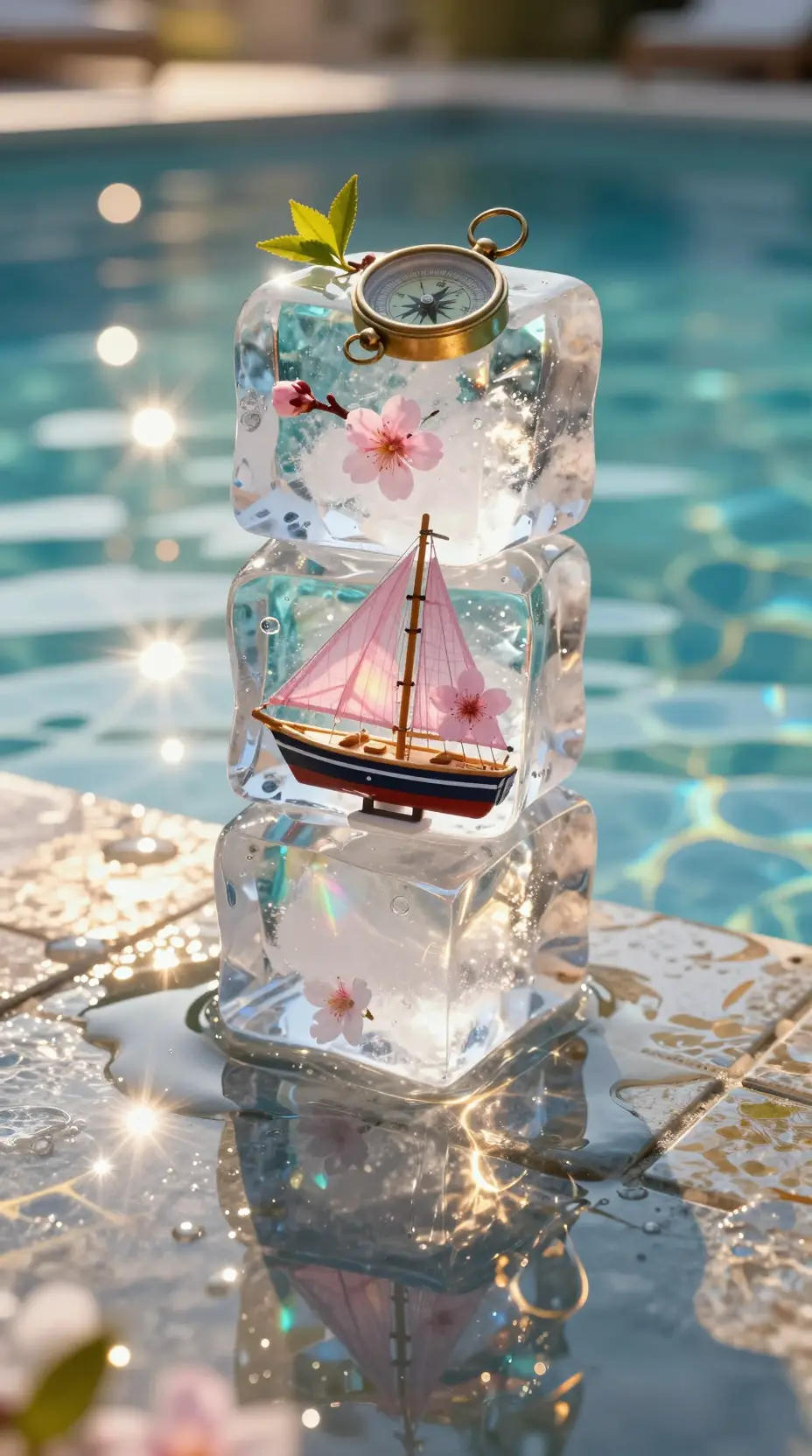Macro ice cubes with toy sailboat in golden pool light