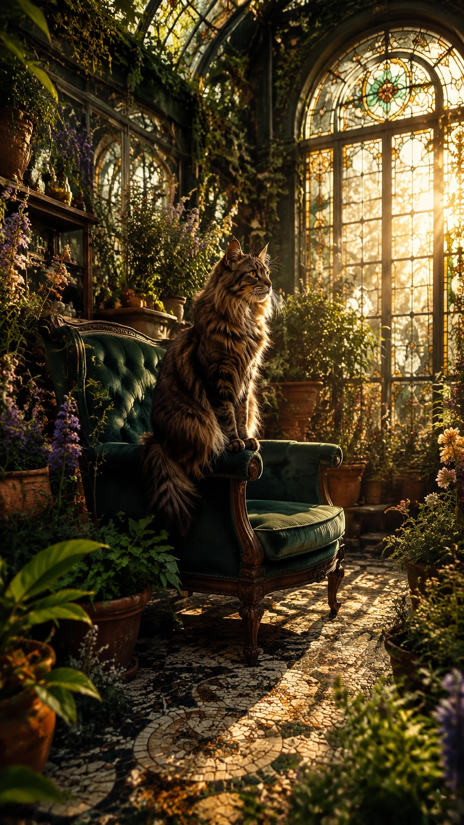 Gato Maine Coon en Silla de Terciopelo en Invernadero Iluminado por el Sol