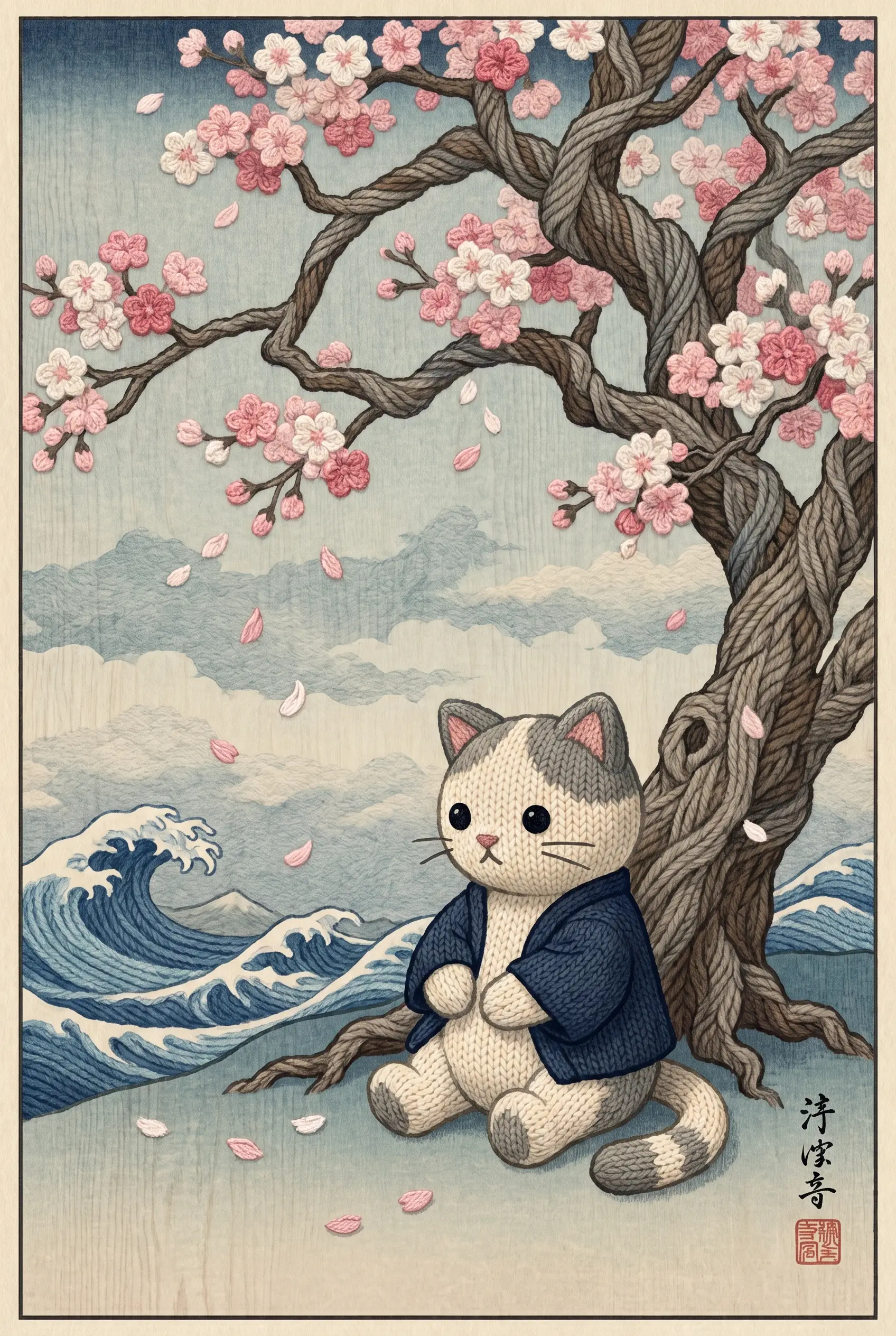 Gatto amigurumi in stile ukiyo-e sotto un ciliegio in fiore