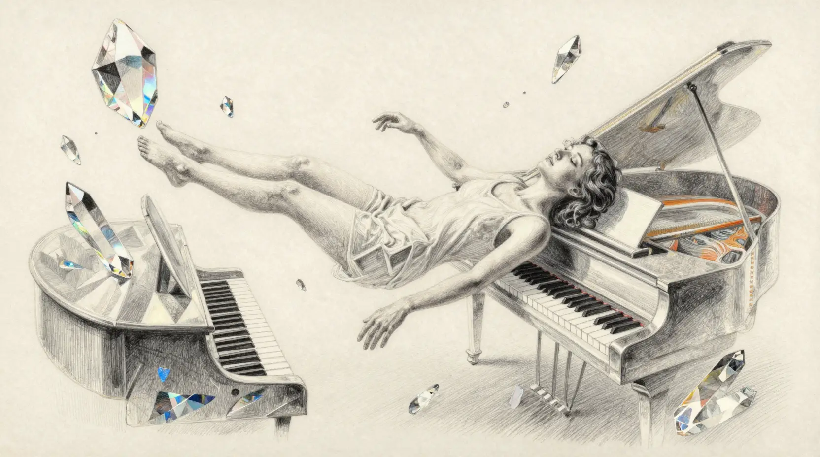 Figura fluttuante tra frammenti cristallini di pianoforte in luce prismatica