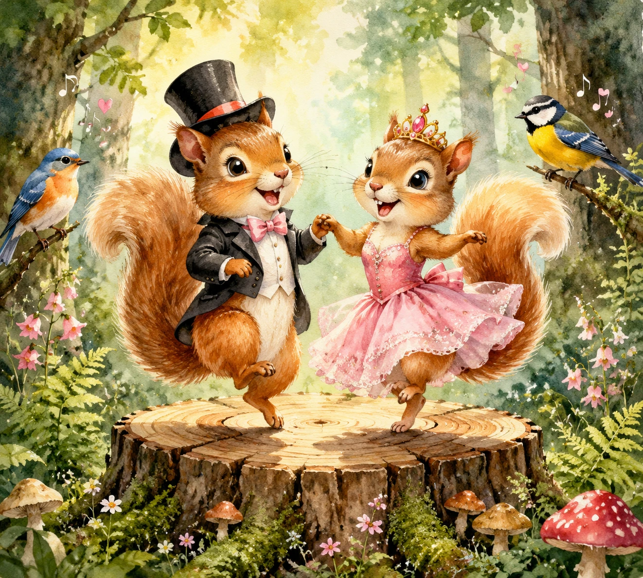 Due scoiattoli danzanti su un ceppo nella foresta