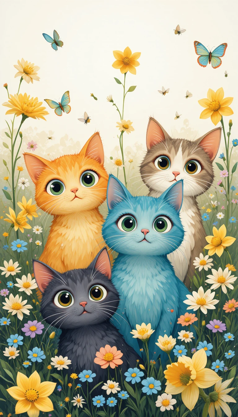 Gatos coloridos e curiosos brincando entre flores de um jardim de primavera