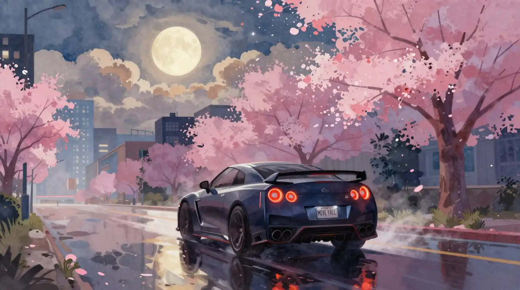 Sports car on a wet twilight city street with blossoms