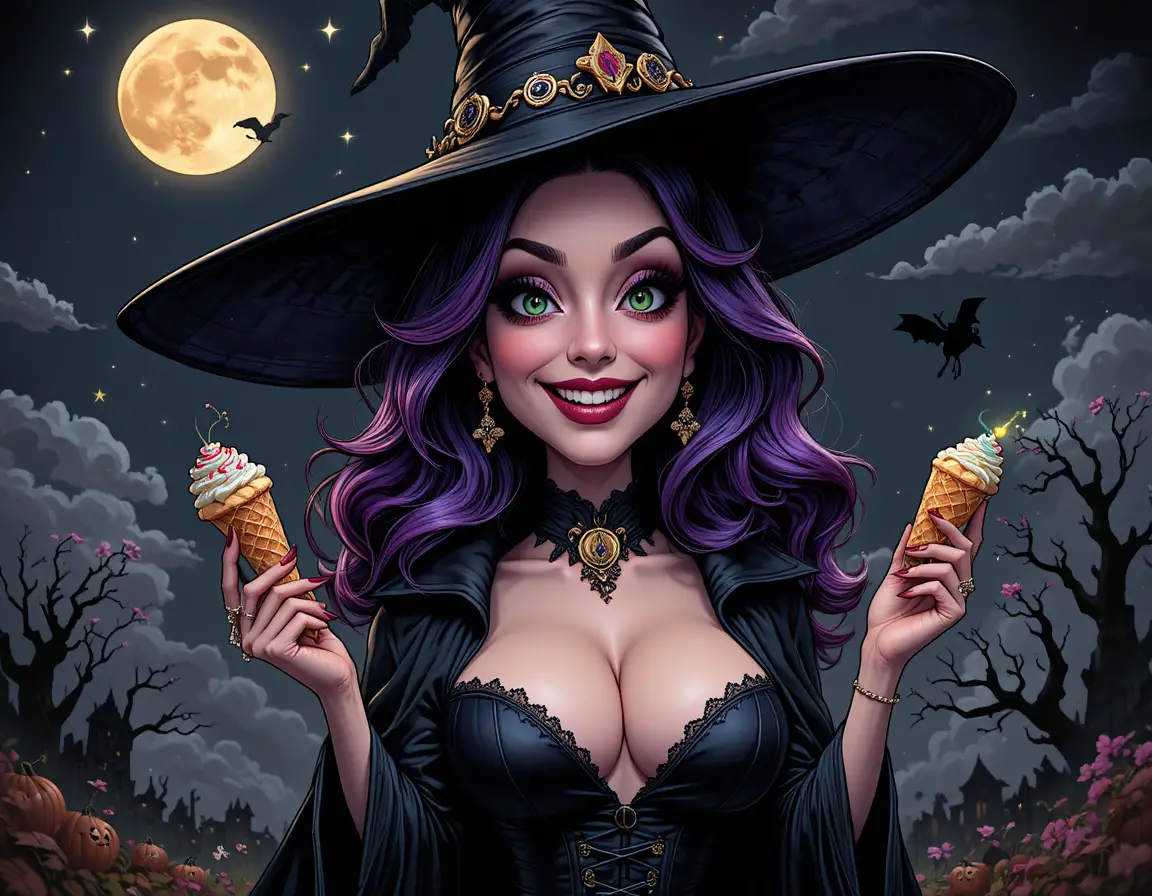 Seductive violet haired witch under a stormy moon