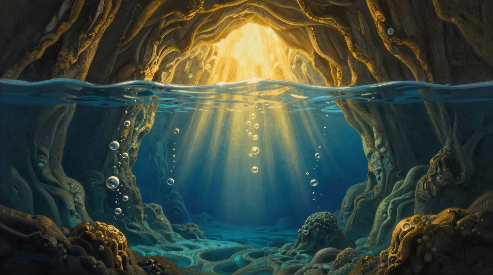Golden light rising from hidden underwater cave depths