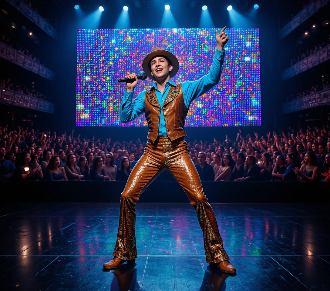 Joyful male singer in donkey costume on theater stage