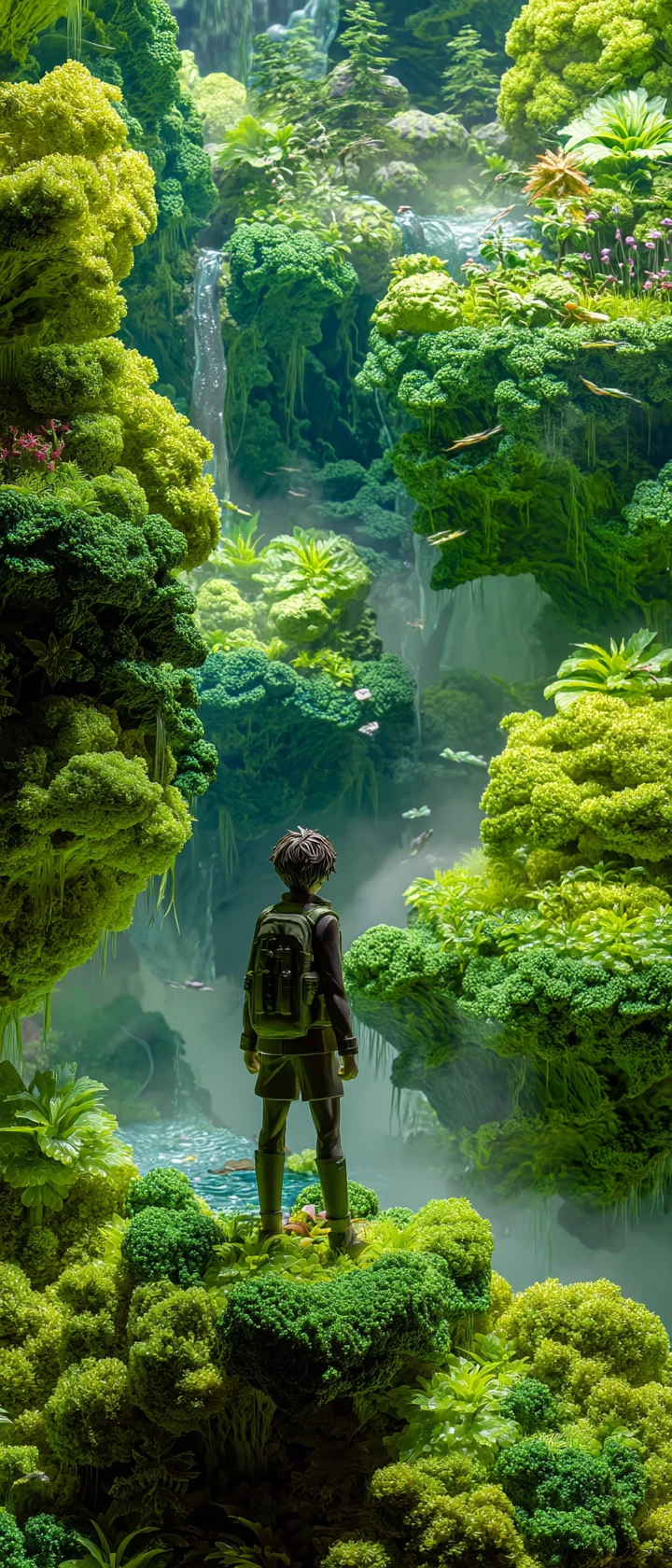 Explorador de anime em uma ilha-jungle flutuante sobre uma folha