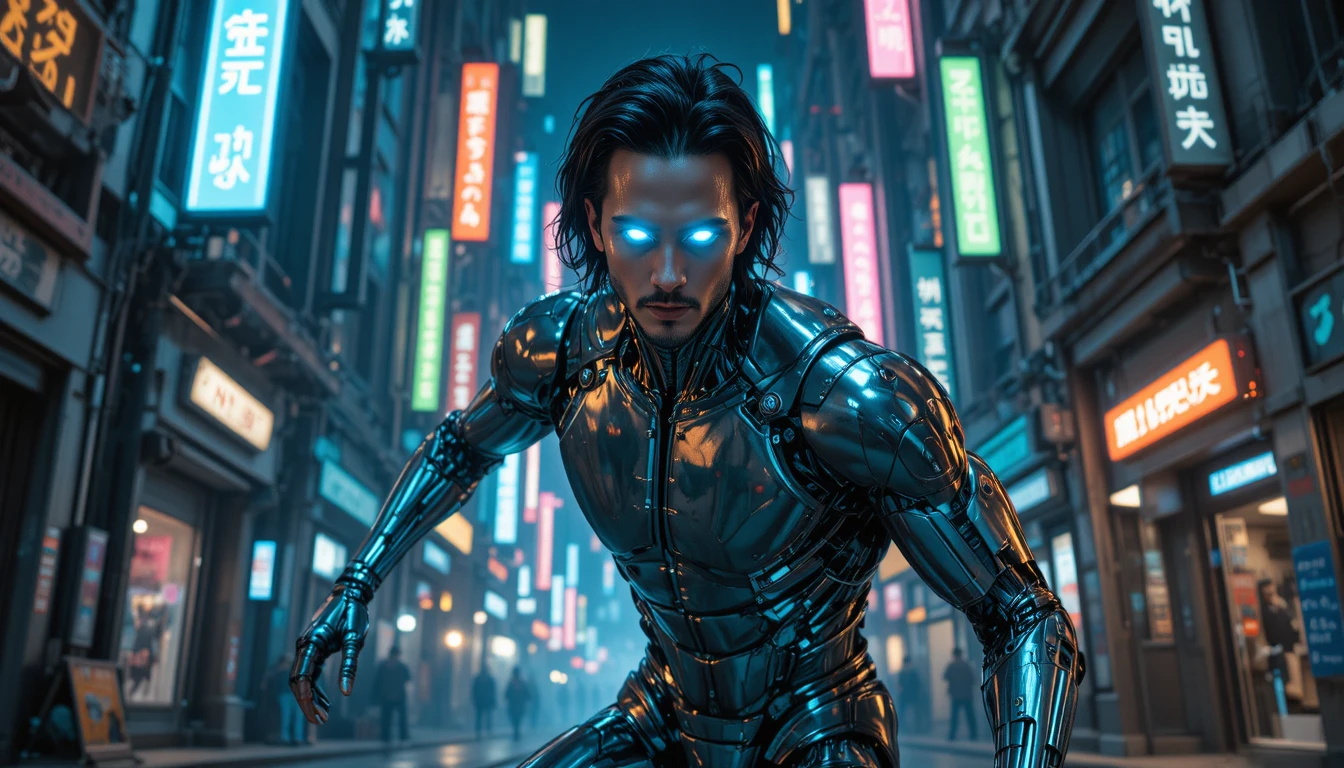 Robô humanóide cibernético em uma cidade futurista neon