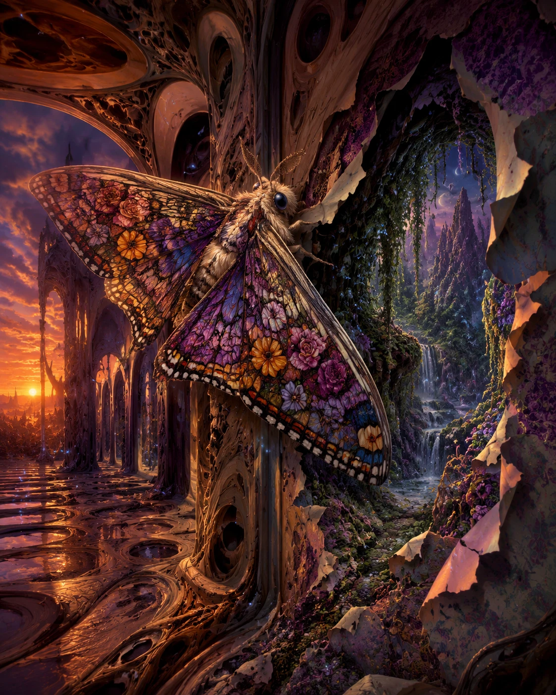 Mariposa gigante surreal em um corredor crepuscular retorcido