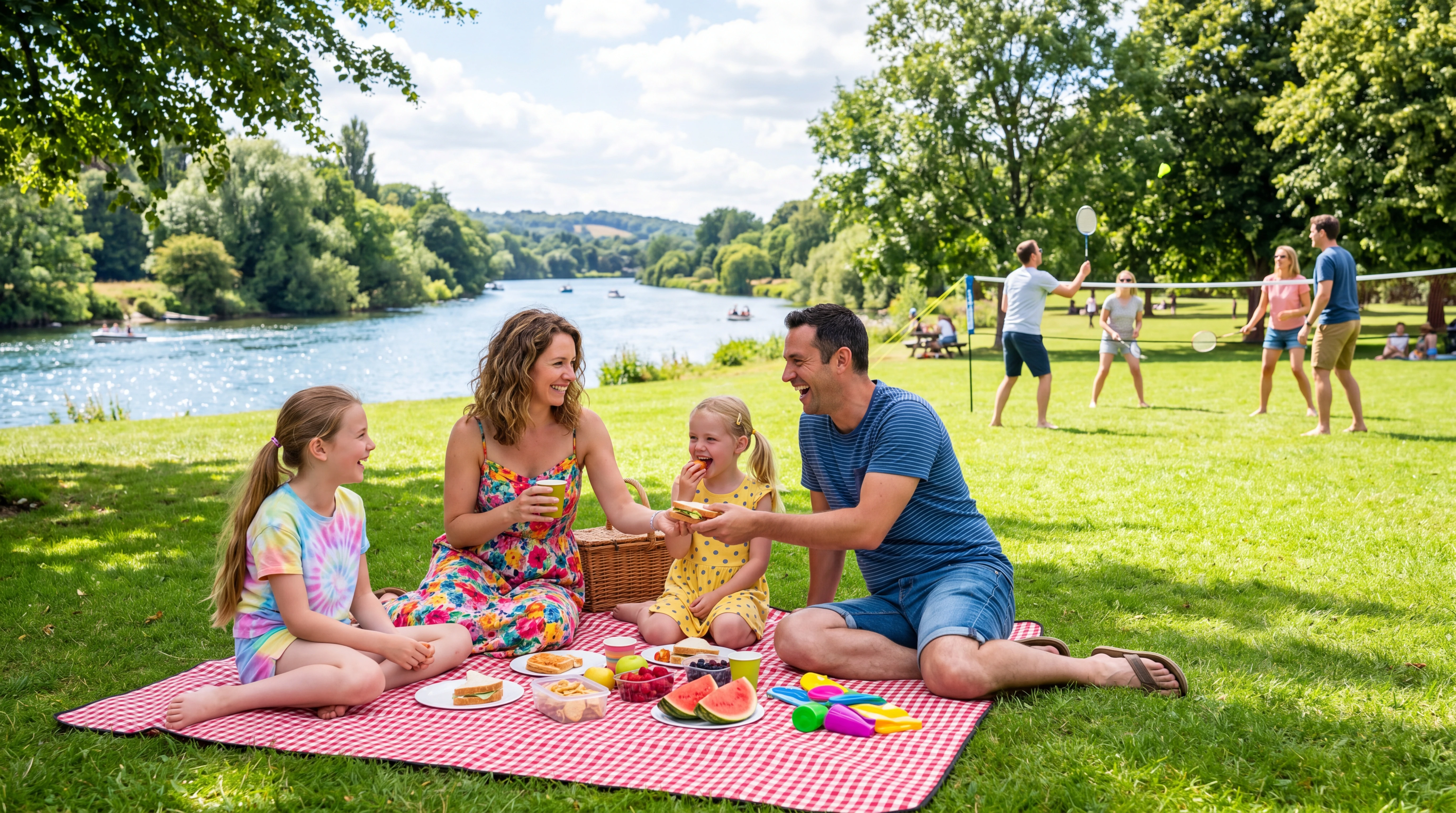 Family picnic on green grass by a scenic river