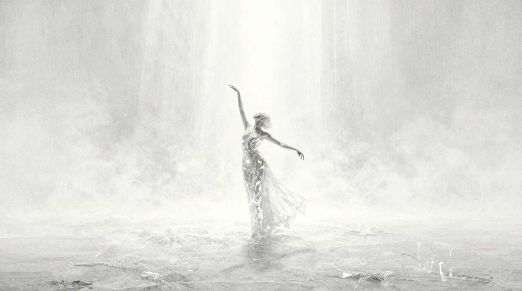 Woman in crystalline gown on luminous white plain