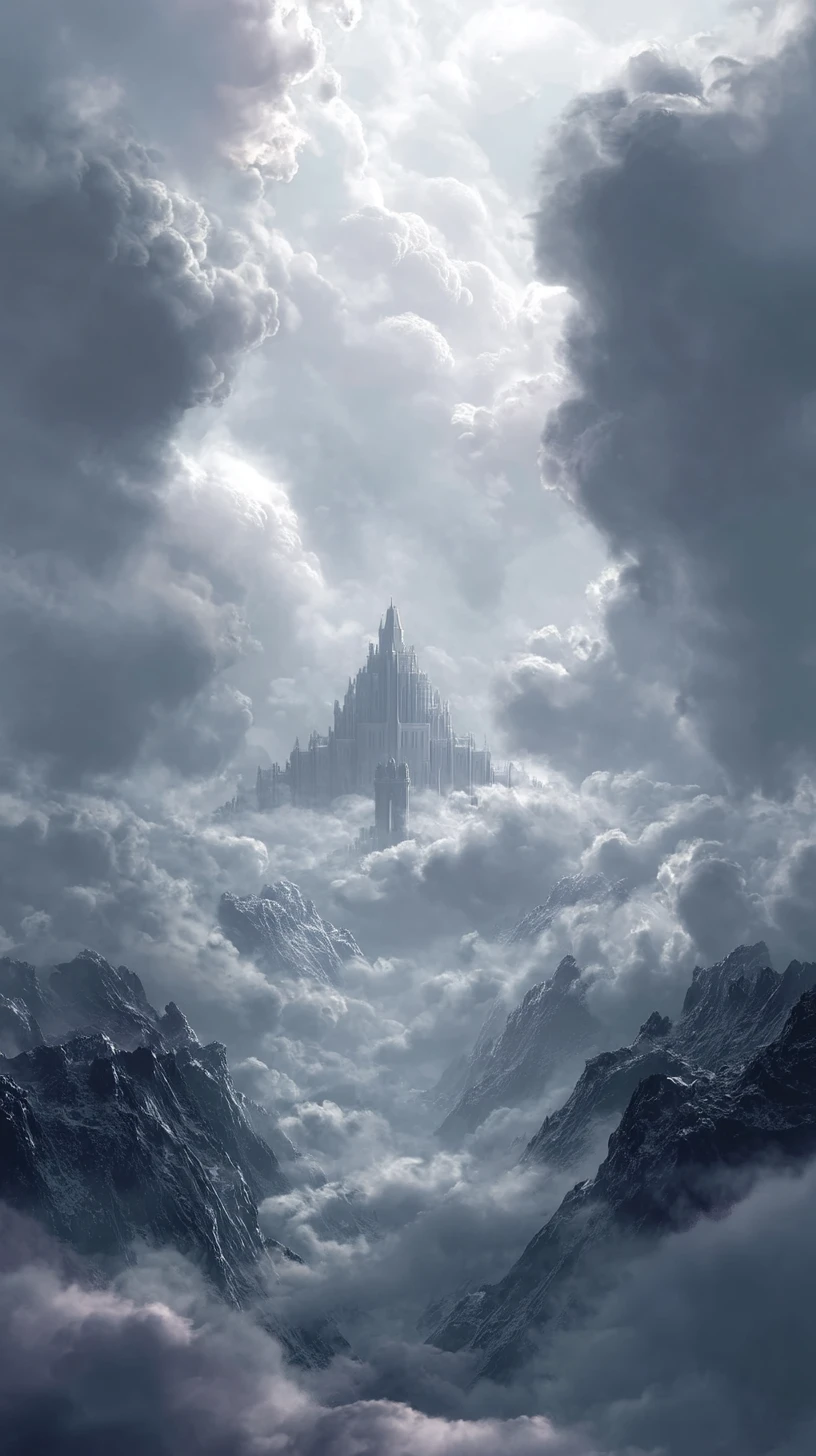 Imponente monumento fantastico che si innalza tra nuvole e nebbia