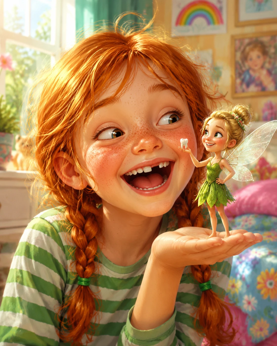 Garota ruiva rindo com uma pequena fada do dente