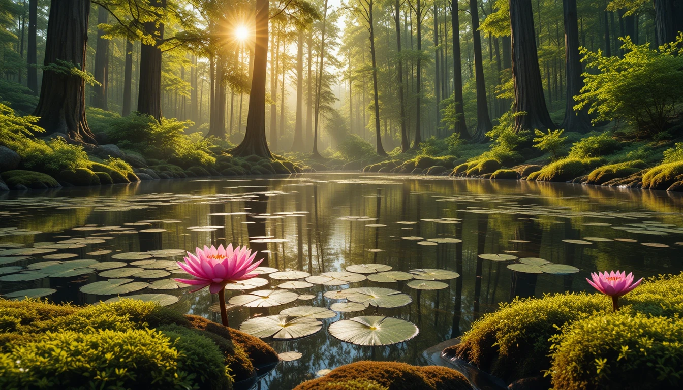 Lago de floresta iluminado pelo sol com flores de lótus rosas em floração