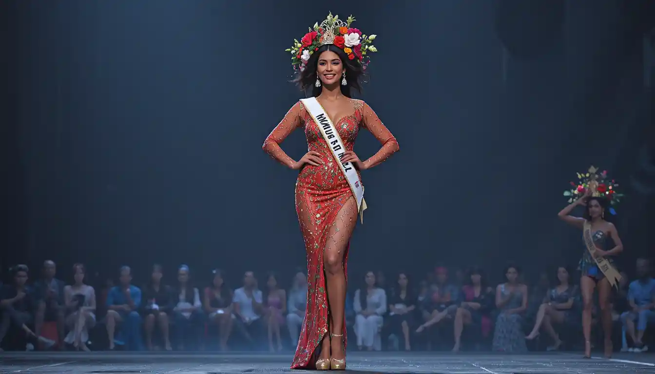 Donna sorridente con corona di fiori sul palco in abito rosso