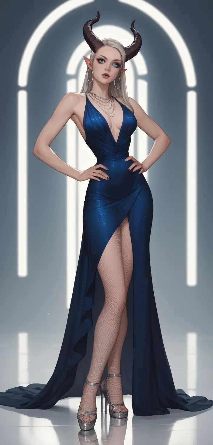 Gothic tiefling woman in pale blue corset evening gown