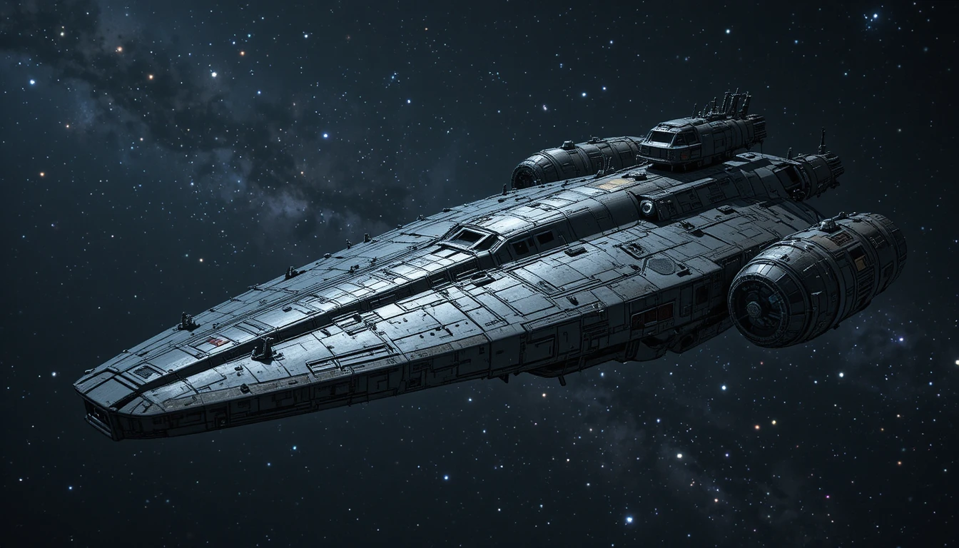 Eleganter Sci‑Fi-Frachter treibt im tiefen sternklaren All