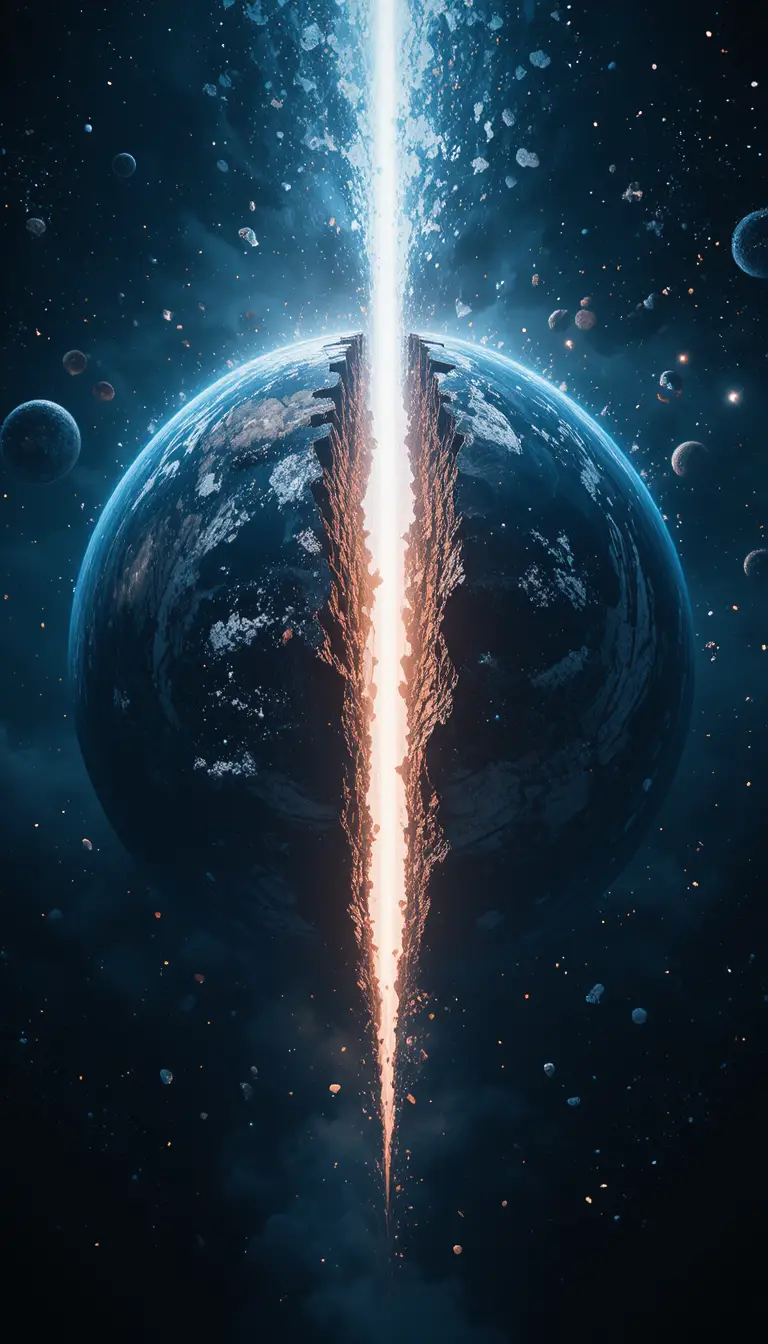 地球在太空中裂開並噴射飛散碎片