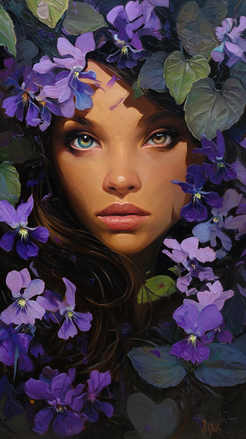 Surreal woman emerging from African violets in magical light
