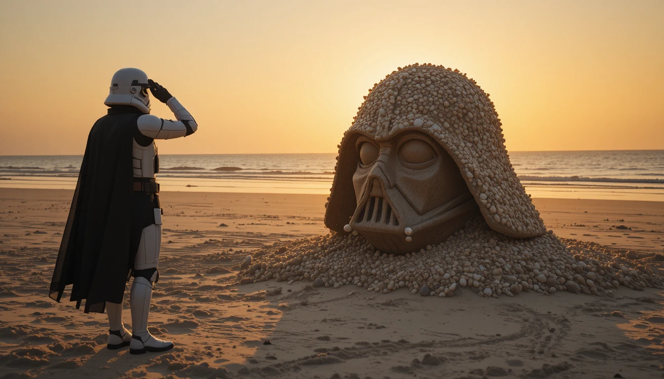 Stormtrooper Saudando Escultura de Areia de Darth Vader ao Pôr do Sol