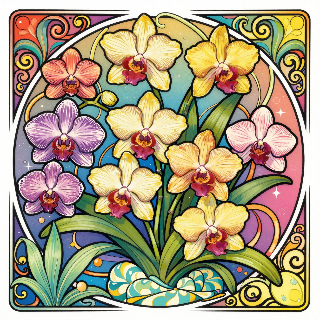 Orquídeas Art Nouveau con líneas botánicas fluidas en colores arcoíris