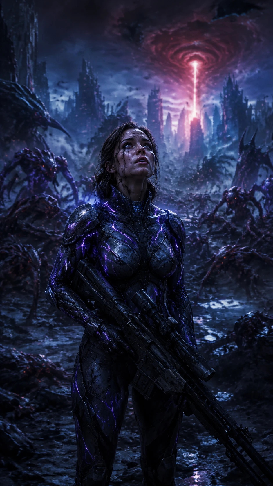 Lone female warrior in ruins of a destroyed megacity
