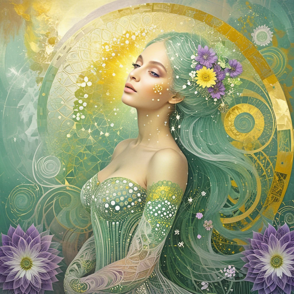 Fantasievolle Frau zwischen goldenen Fraktalblumen und heilenden Farben