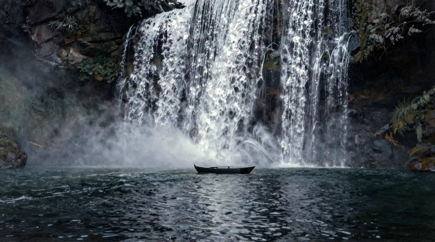 Silver moonlit waterfall pouring into a dark still lake