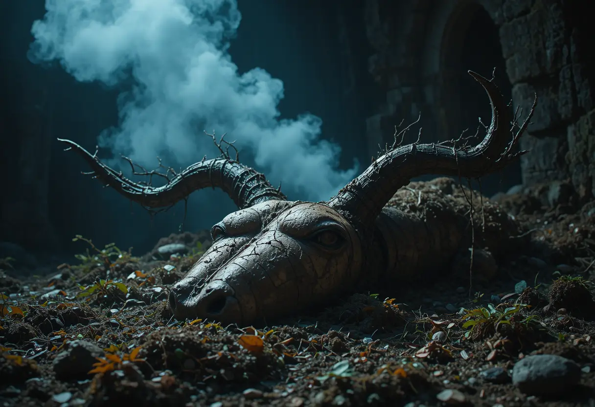 Deer skull half buried in damp earth with rising mist