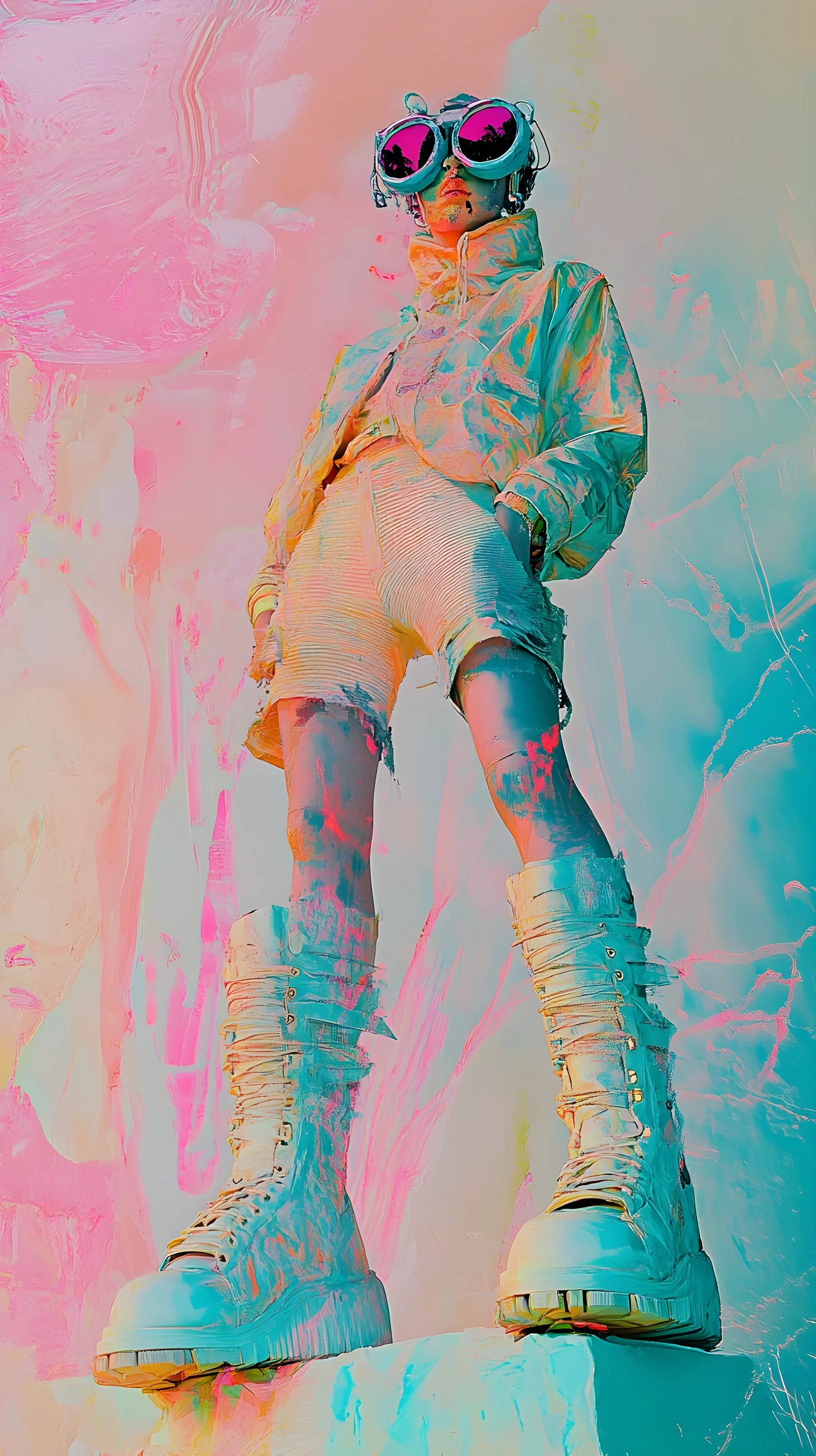 Figura cyberpunk em respingos expressionistas abstratos em tons pastéis