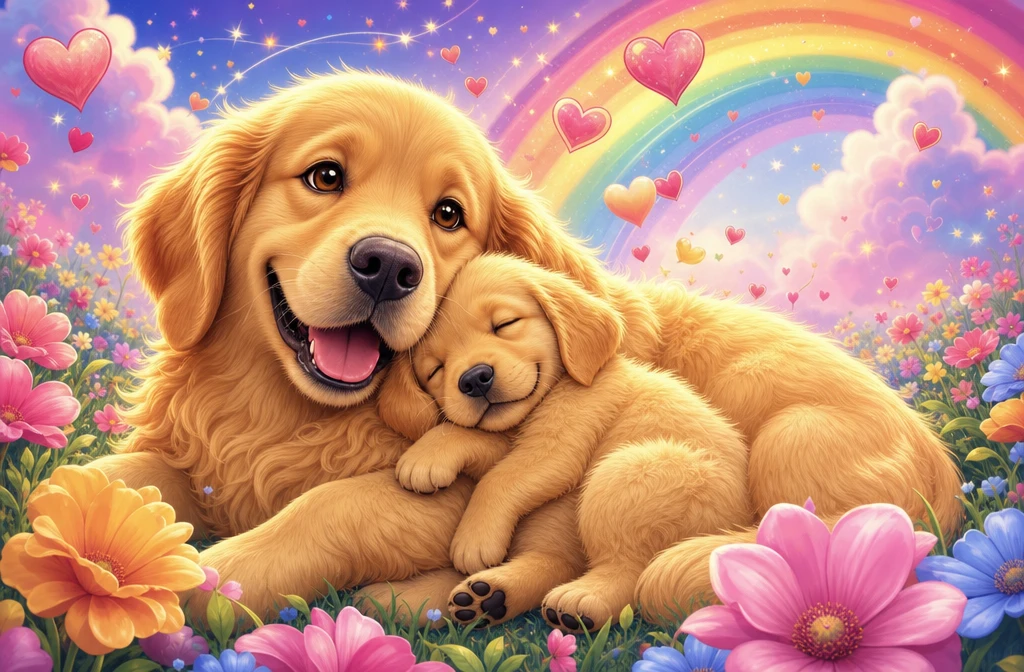 Filhote fofo de golden retriever aconchegado à mãe